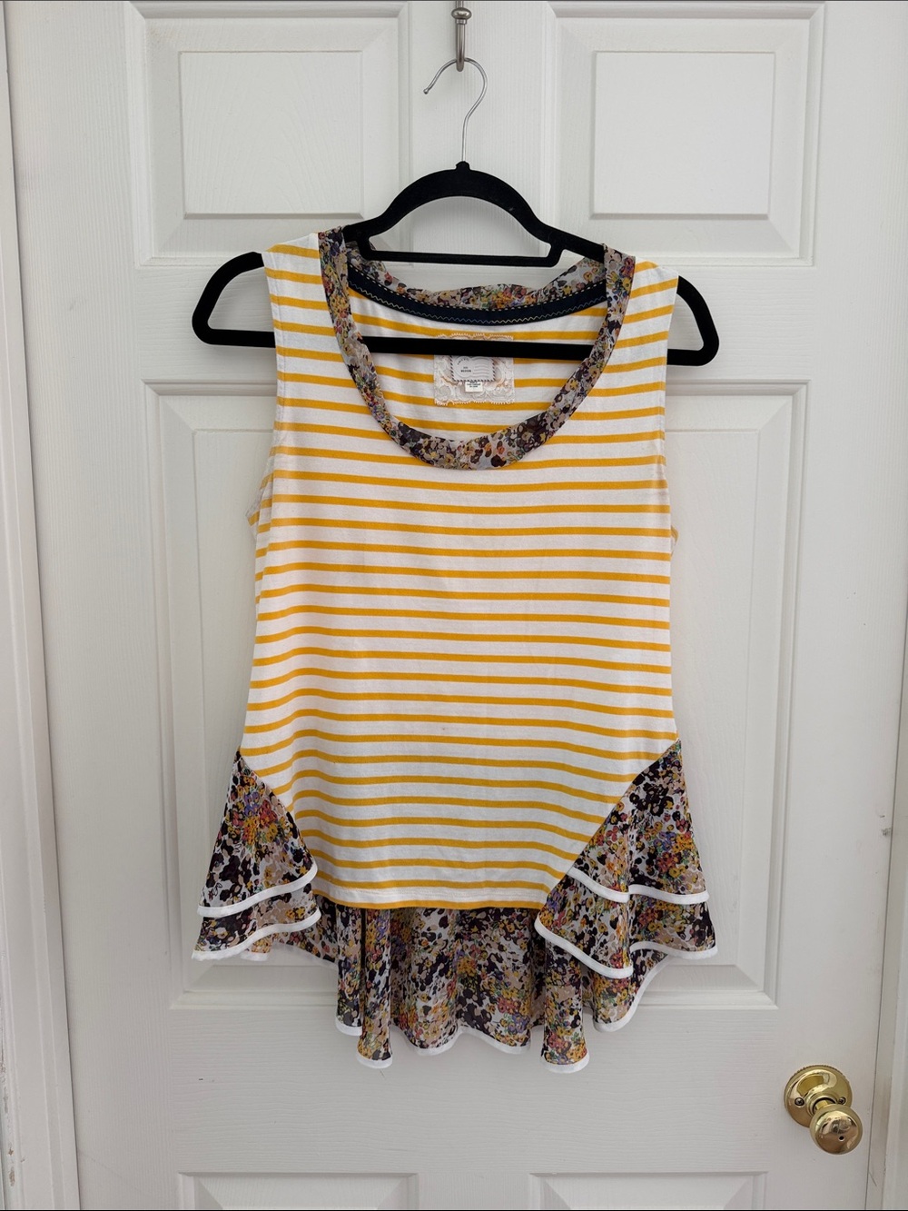 Anthropologie Yellow and White Striped Tank with Floral Trim